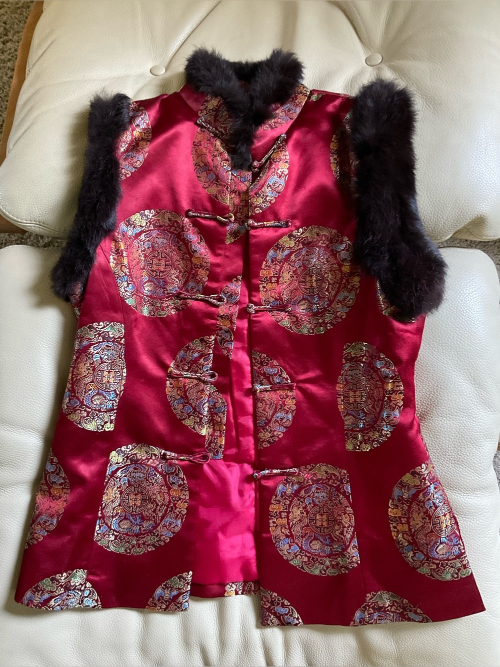 Red Satin Brocade Vest with Fur Trim
